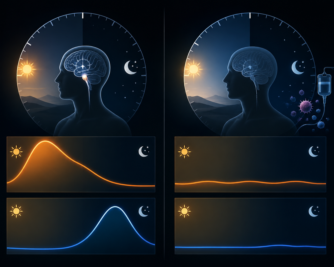 Comparison of healthy cortisol and melatonin rhythms with cancer-treatment-disrupted rhythms showing flattened cortisol and suppressed melatonin