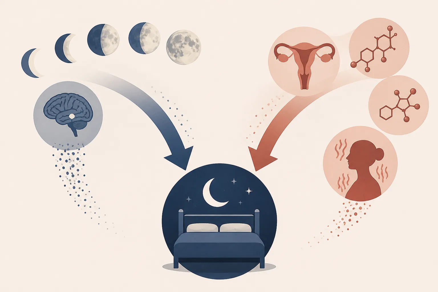 Infographic showing moon-related melatonin suppression and hormonal GABA decline converging on sleep