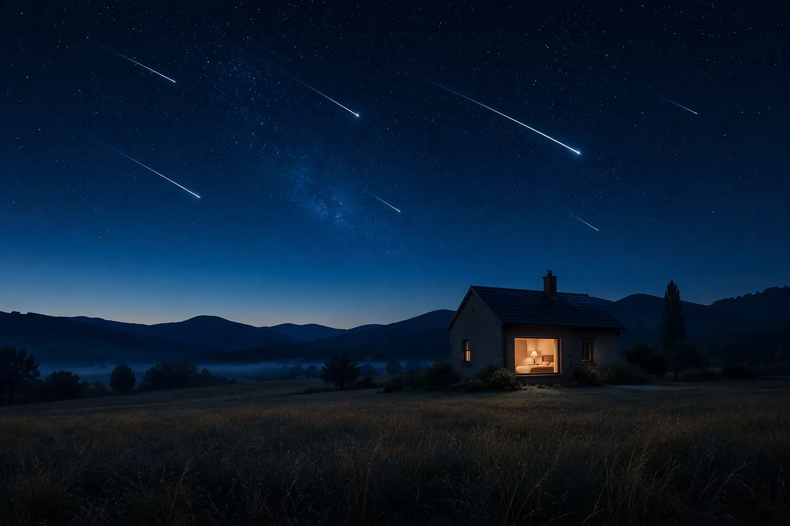 Meteor streaks over a dusk meadow with a warm bedroom window in the distance