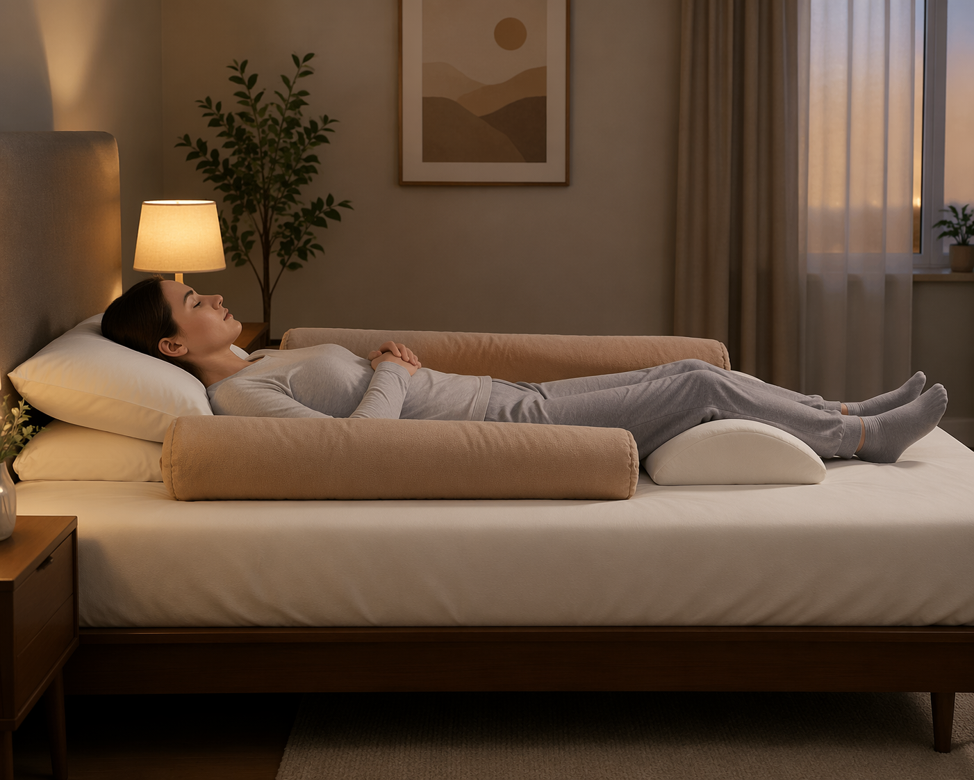 A person sleeping on their back in a modern bedroom with two elongated body pillows or rolled blankets placed on either side as barriers to rolling over.