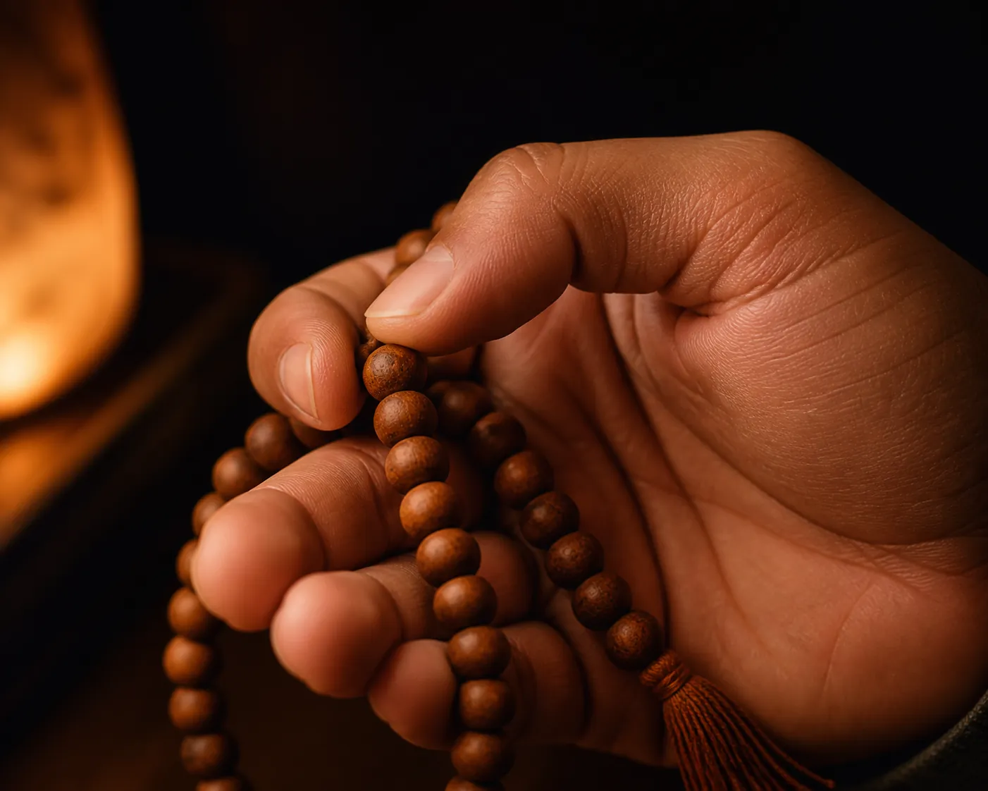 Close-up of a right hand holding a sandalwood Japa Mala with the thumb and middle finger touching one bead