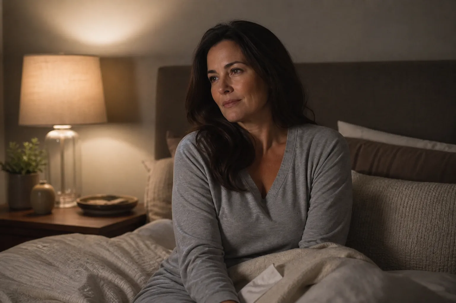 A woman sits awake in bed under a warm bedside lamp, calm and thoughtful