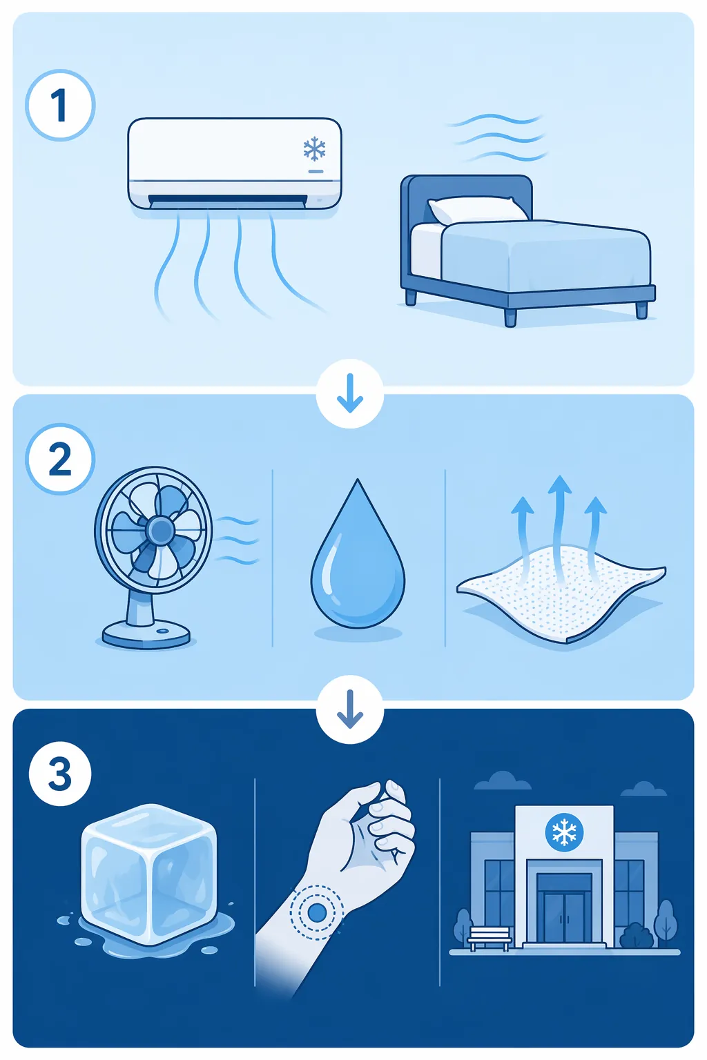 Three-tier cooling plan showing air conditioning, fan and water, and cooling center options