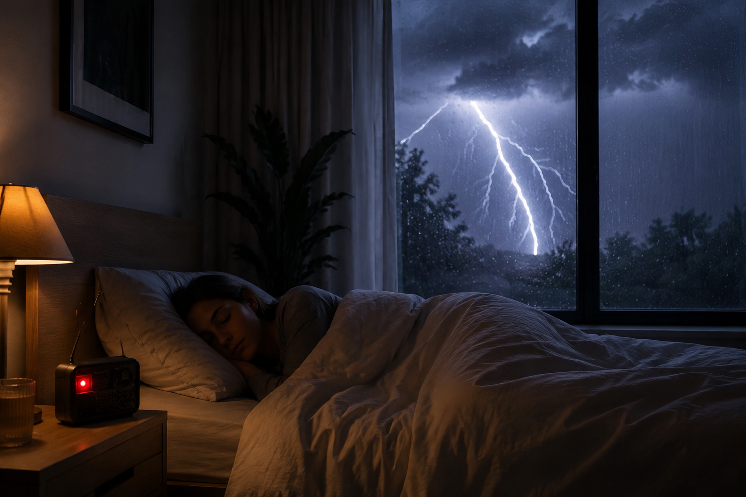 A dark bedroom at night during a thunderstorm, with a glowing weather alert radio on the nightstand while a person sleeps peacefully under the blankets.