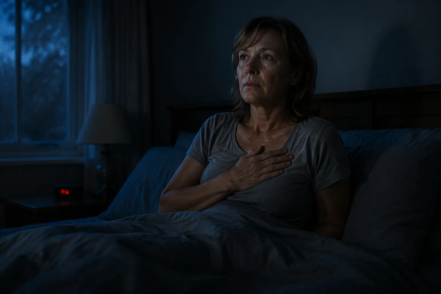 Woman sitting upright in a dark bedroom with one hand pressed to her chest near a glowing alarm clock