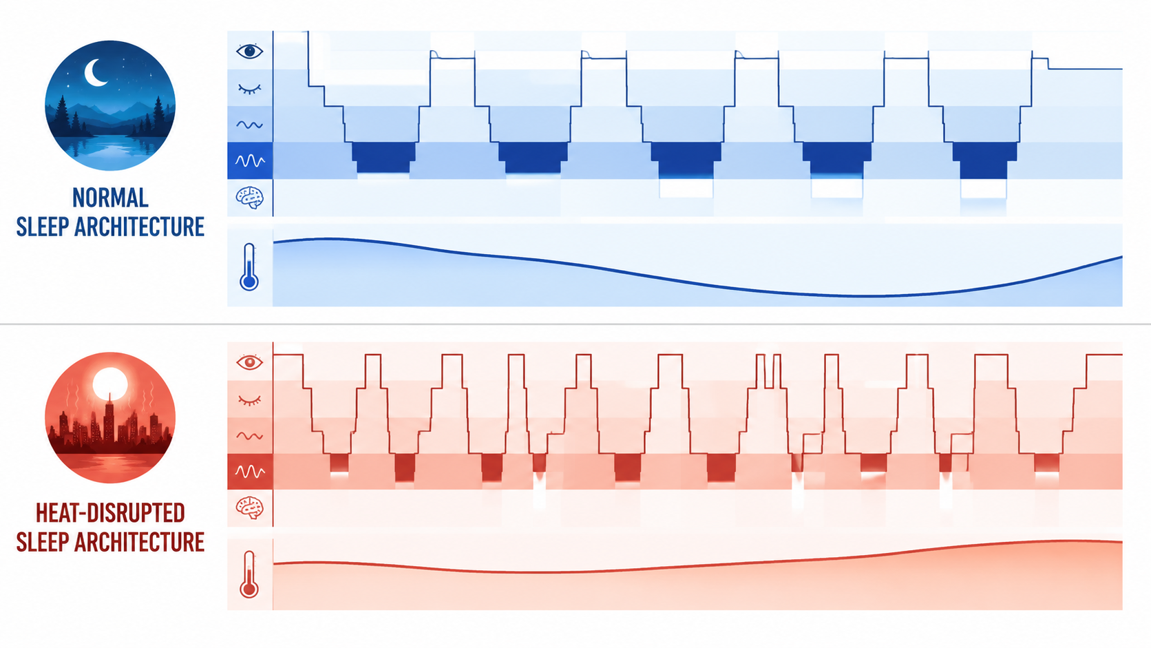 Comparison of normal sleep architecture with heat-fragmented sleep architecture and core temperature curves