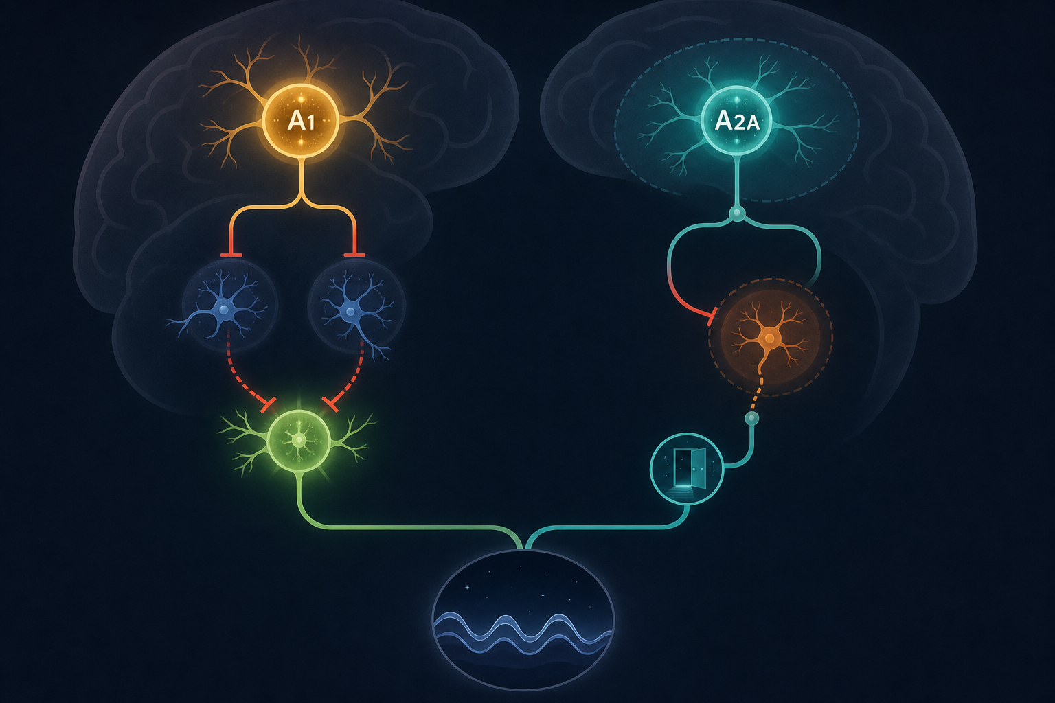 Diagram showing two parallel brain circuit pathways: A1 receptor suppression of arousal circuits on the left, and A2A receptor sleep-gating via the nucleus accumbens on the right