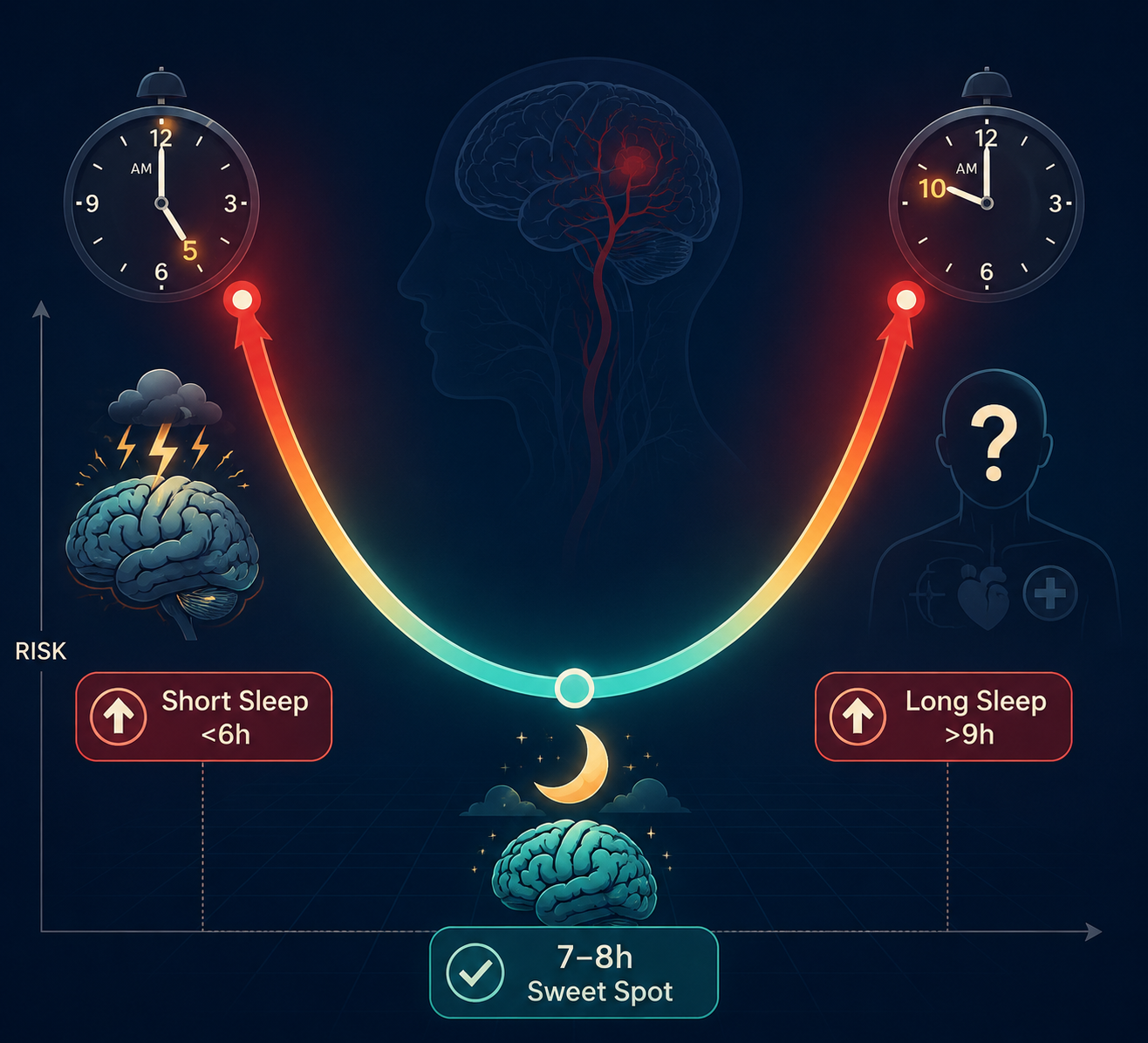 U-shaped curve showing higher stroke risk at short and long sleep durations