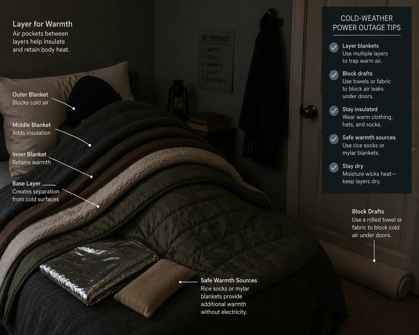 Interior room during a power outage with layered blankets, a draft-blocked door, a rice sock, and a folded mylar blanket