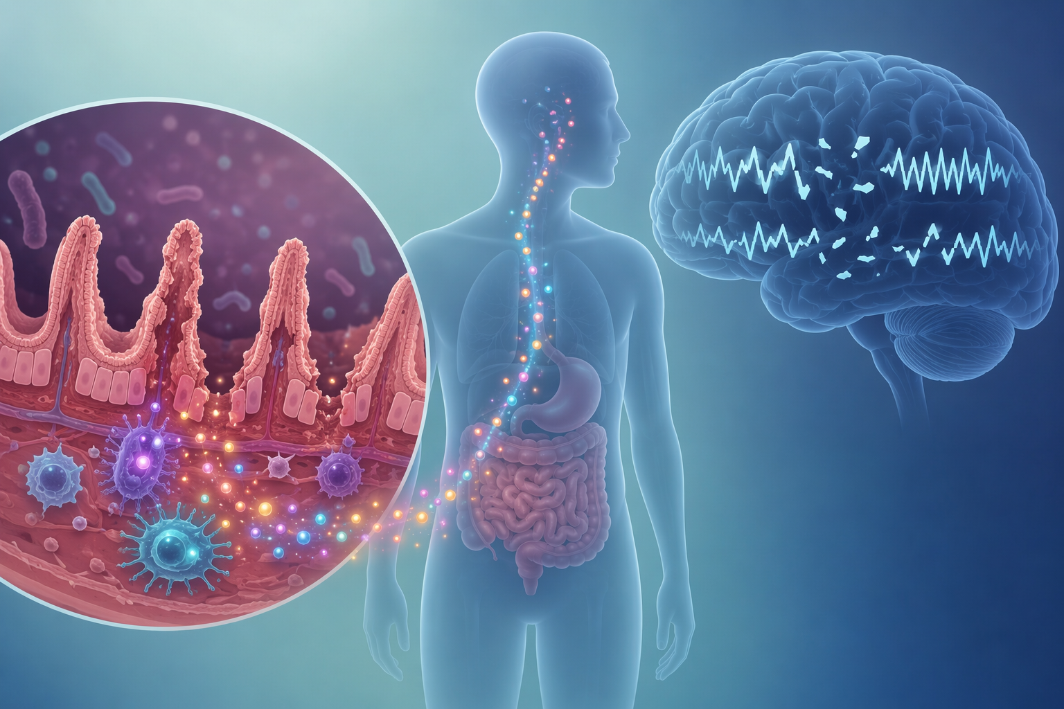 Medical illustration of damaged small intestinal villi releasing immune signals toward a brain with fragmented sleep waves