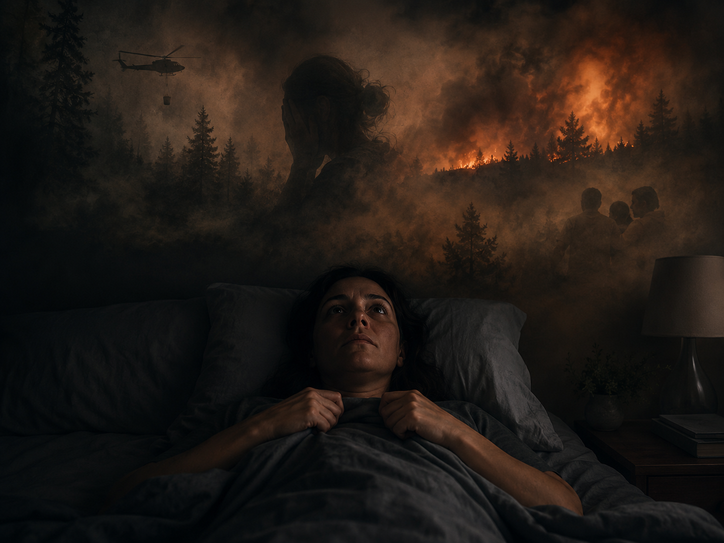 Person lying awake with wildfire threat imagery in the room, showing vigilance and threat memory