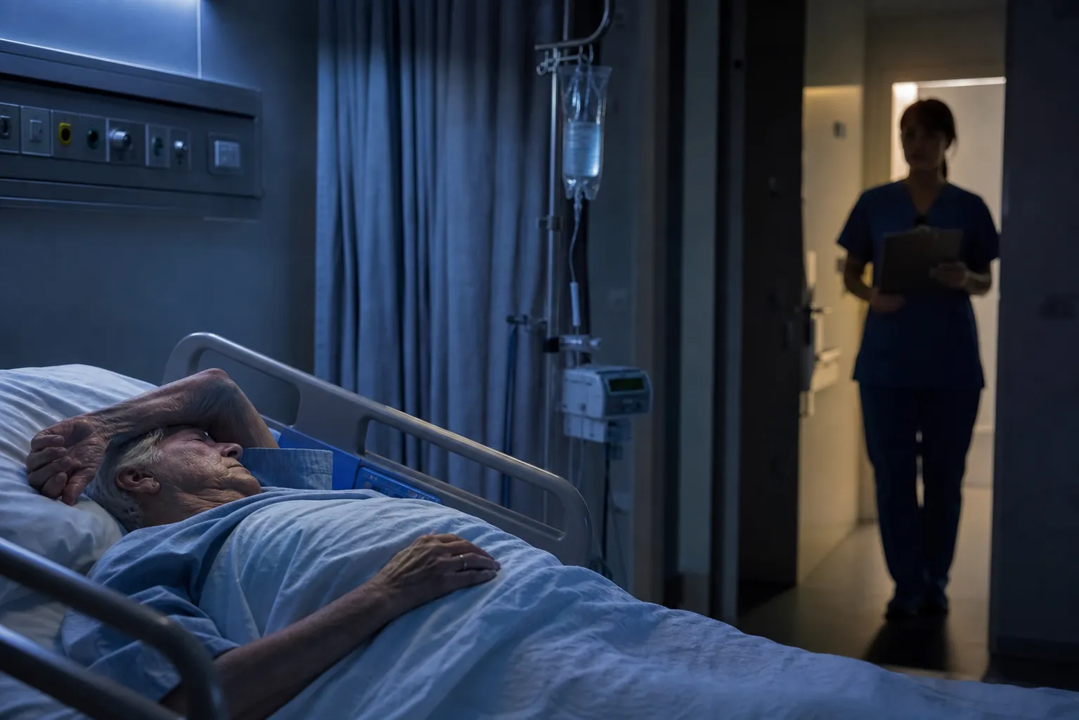 Older hospital patient trying to sleep as a nurse enters the room at night