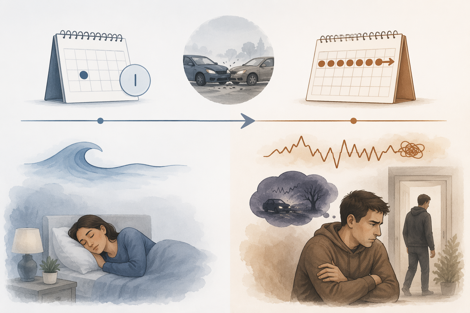 Timeline comparing acute stress in the first month with symptoms beyond one month that may need evaluation