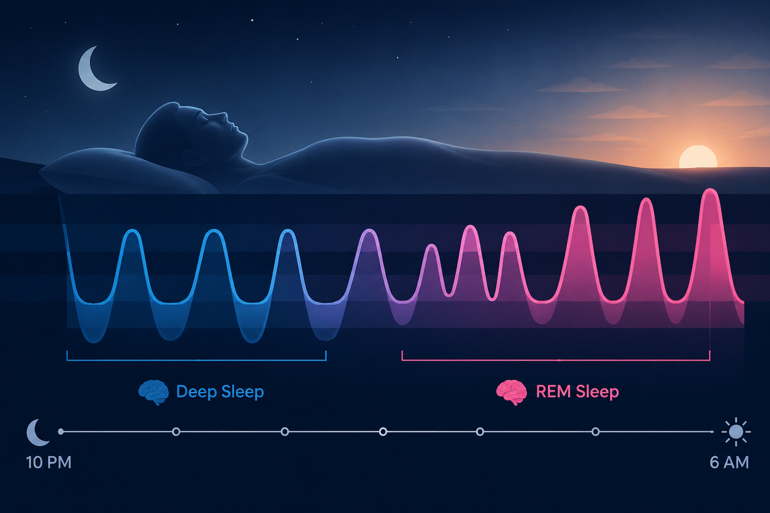 Sleep architecture diagram showing deep sleep early in the night and longer REM cycles later