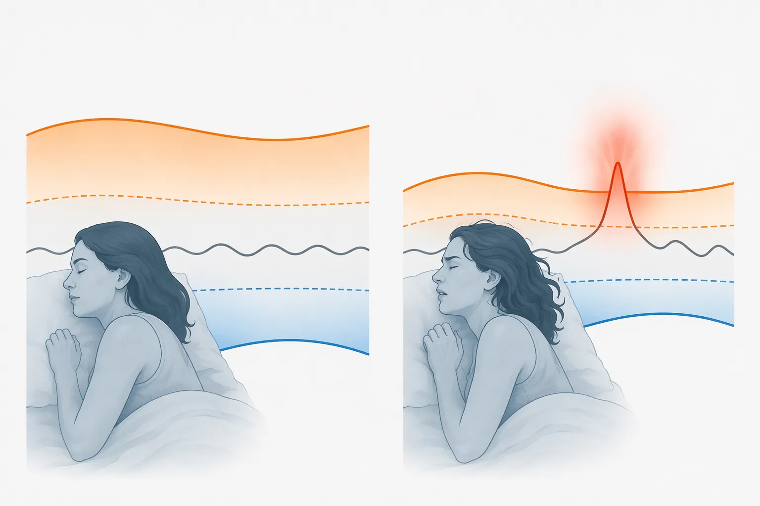 Medical illustration comparing stable sleep thermoregulation with a narrowed thermoneutral zone in perimenopause