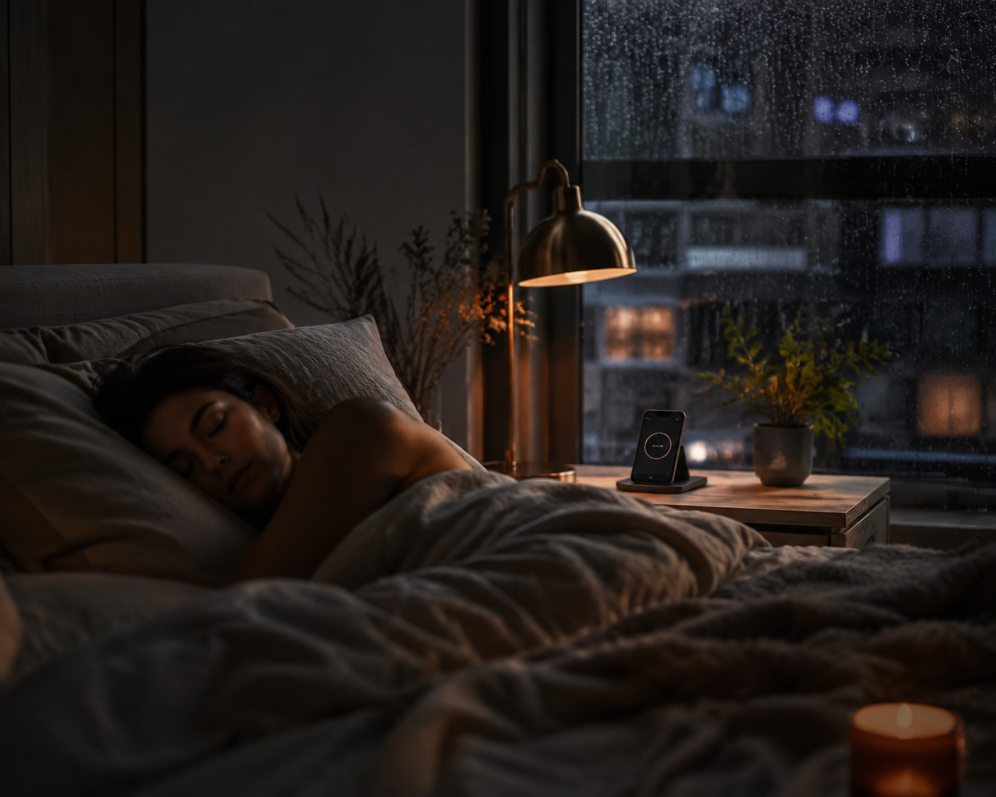 Bedroom at night with rain on the window and a phone timer beside a sleeping person
