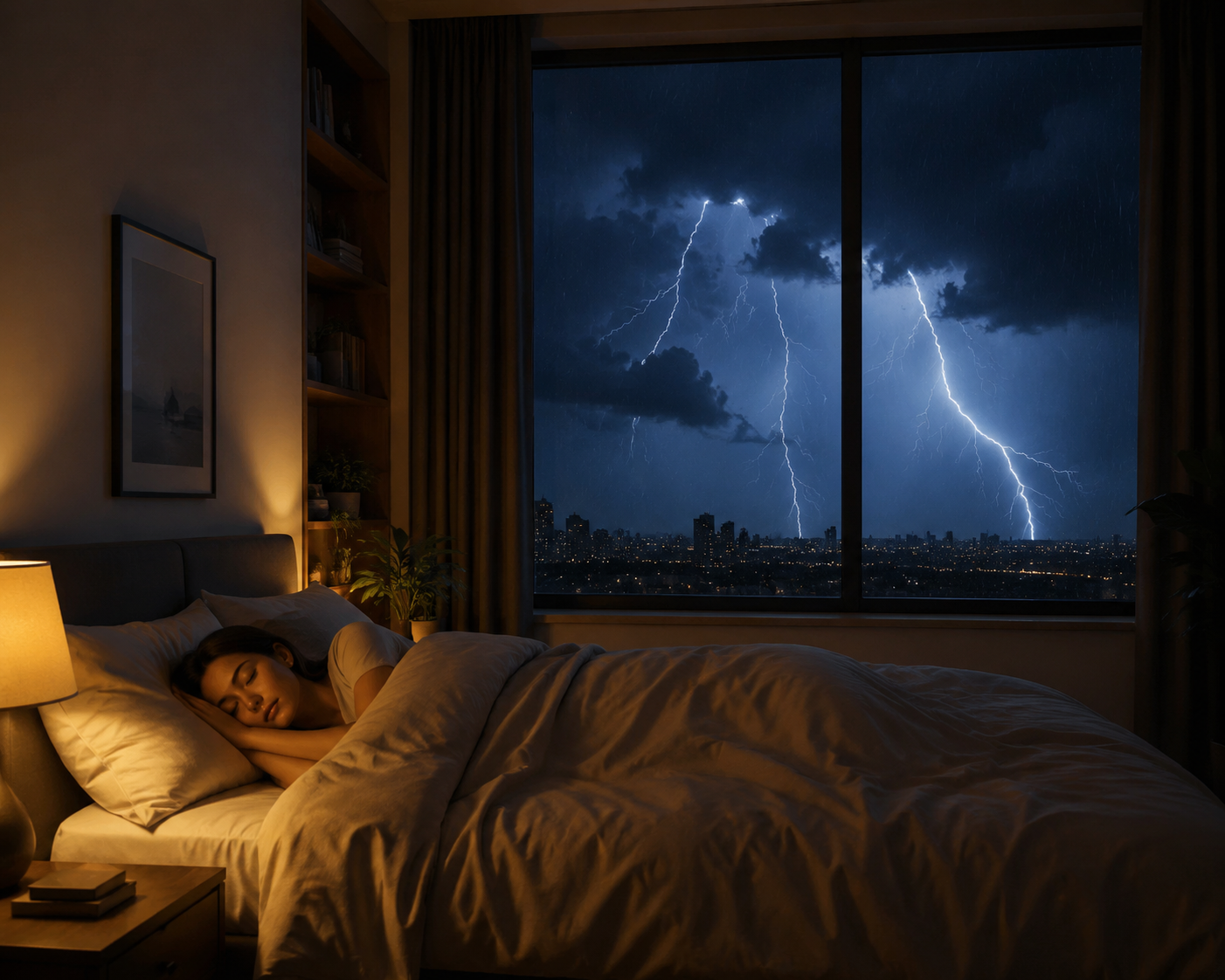 A person sleeping in a dark bedroom while lightning flashes outside the window
