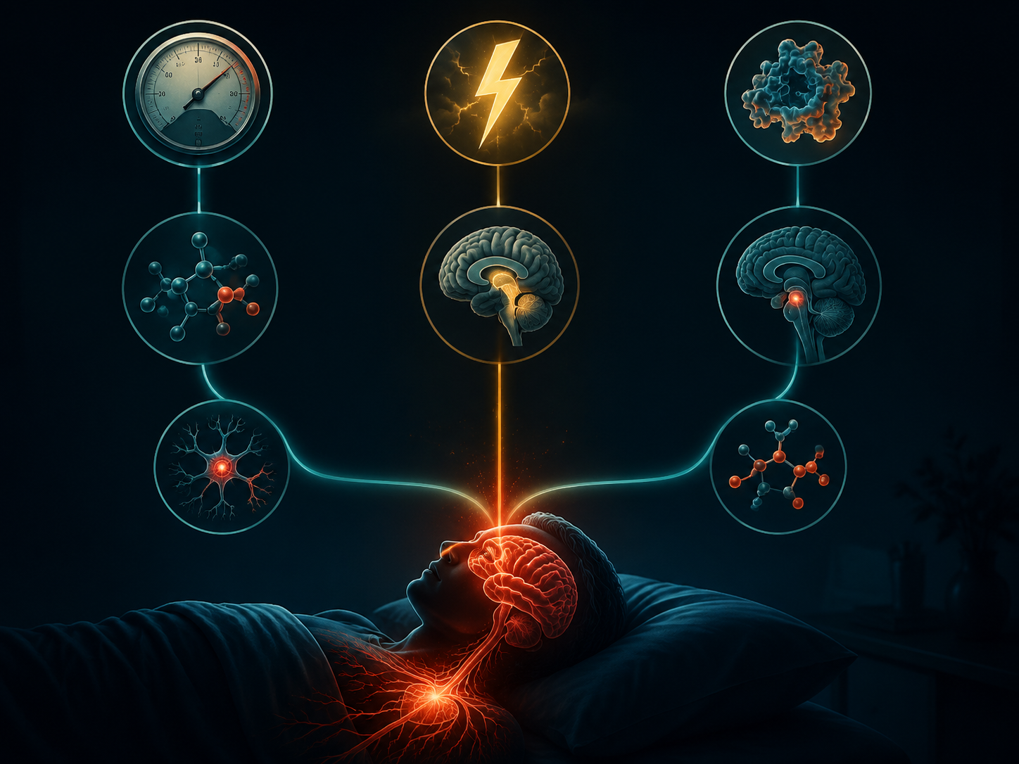 Three pathways converging on a resting silhouette, representing barometric pressure, conditioned threat, and stress arousal feeding into the brain and chest.