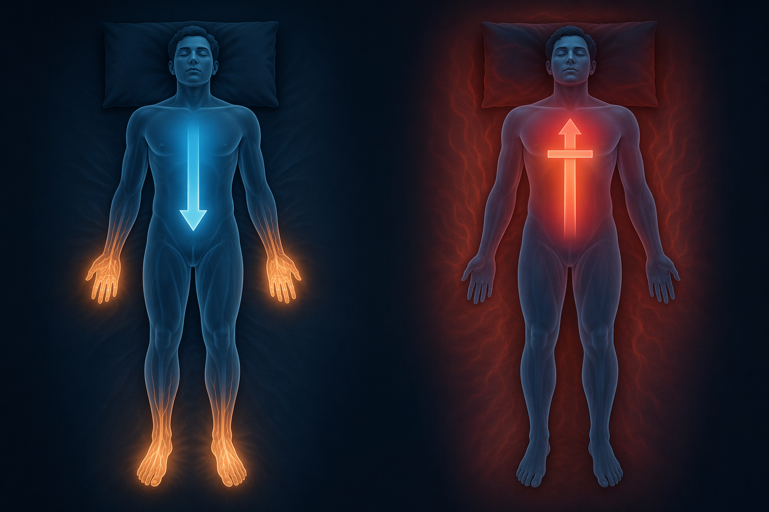 Conceptual comparison of normal sleep-onset cooling and hot-weather disruption