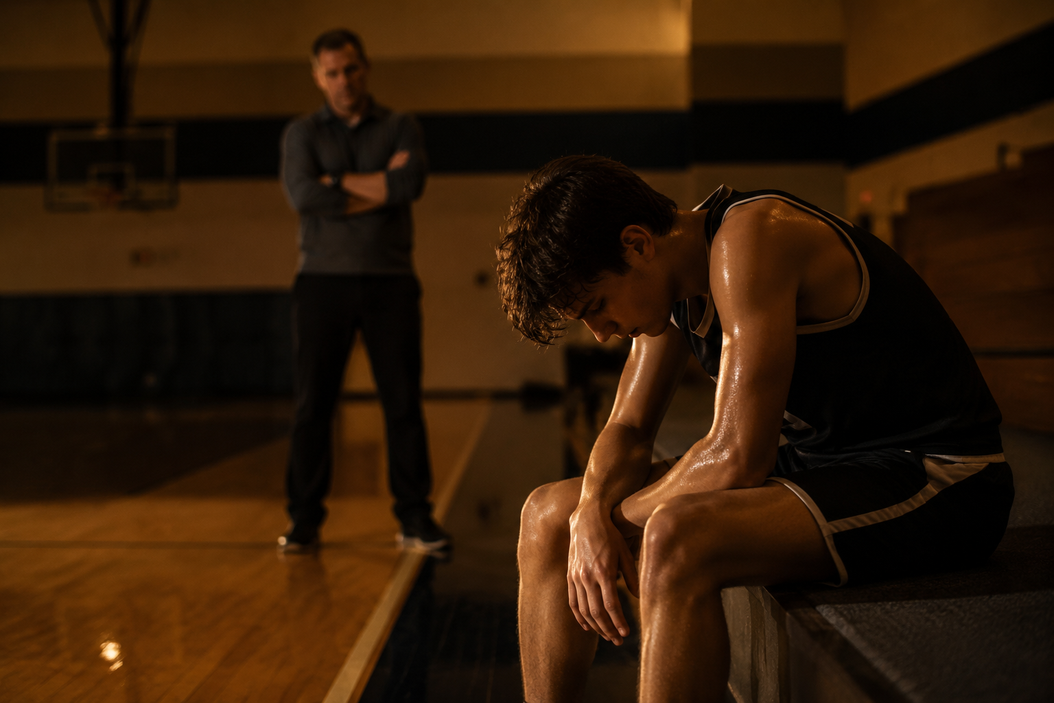Exhausted young basketball player sitting on a dim court while an adult coach looks frustrated in the background