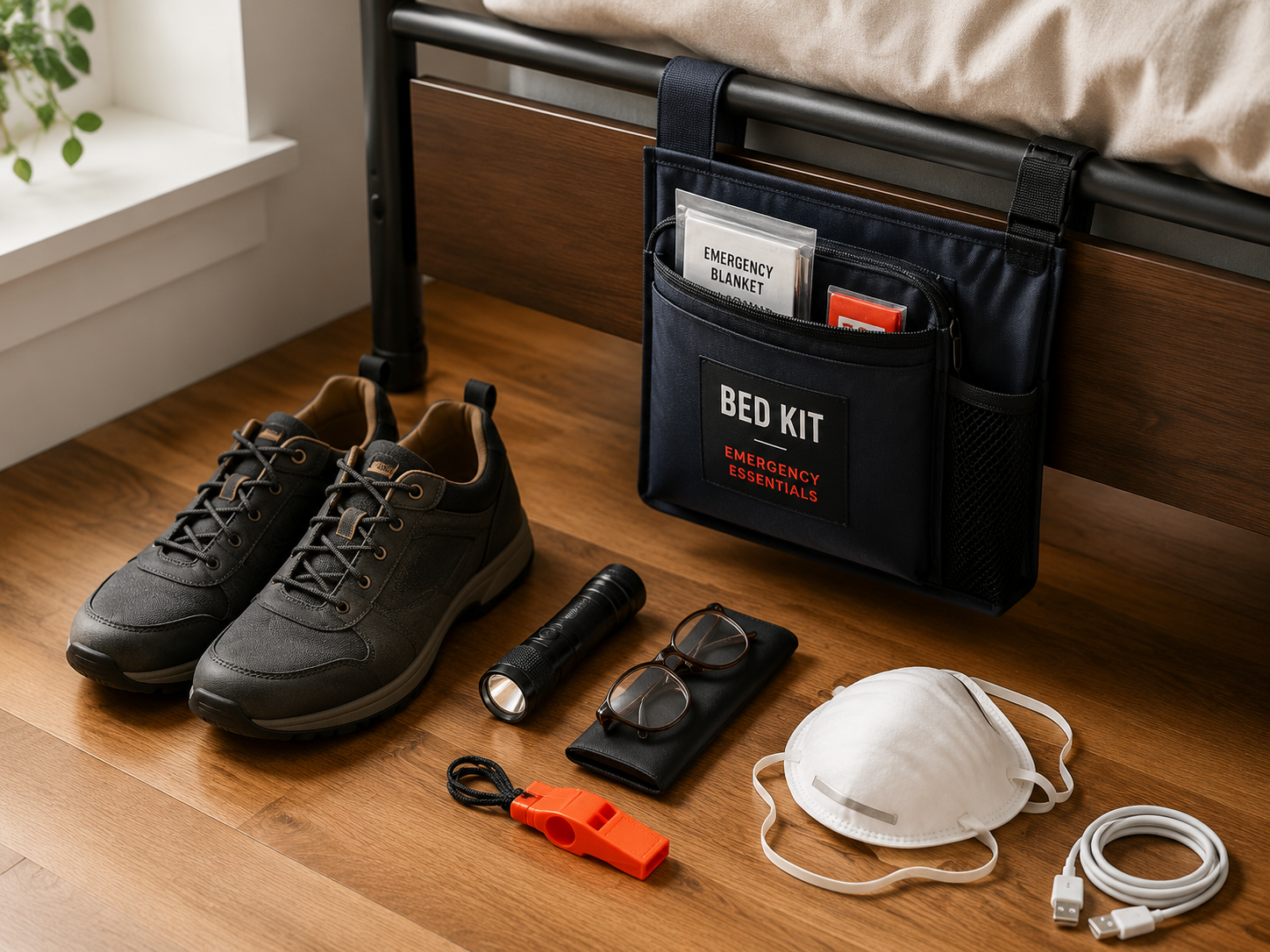 Emergency bed-kit with shoes, flashlight, glasses, whistle, dust mask, and phone charging cable beside a bed