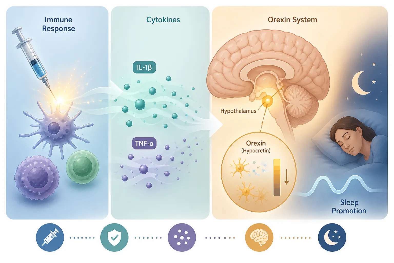 Scientific illustration of vaccine-related cytokine signaling influencing the brain's orexin wakefulness system