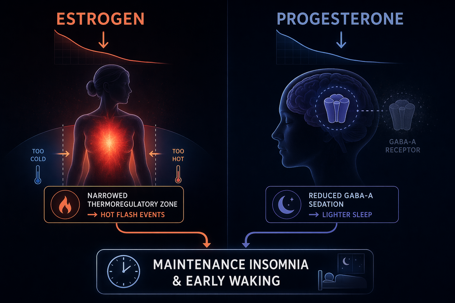 Diagram showing estrogen decline and progesterone decline converging on maintenance insomnia and early waking