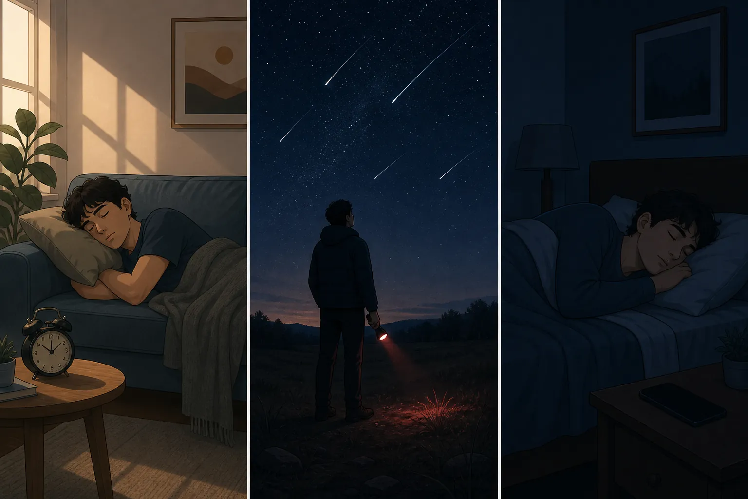 A three-panel before-during-after plan showing an afternoon nap, dark-field meteor viewing with red light, and returning to sleep with the phone face-down