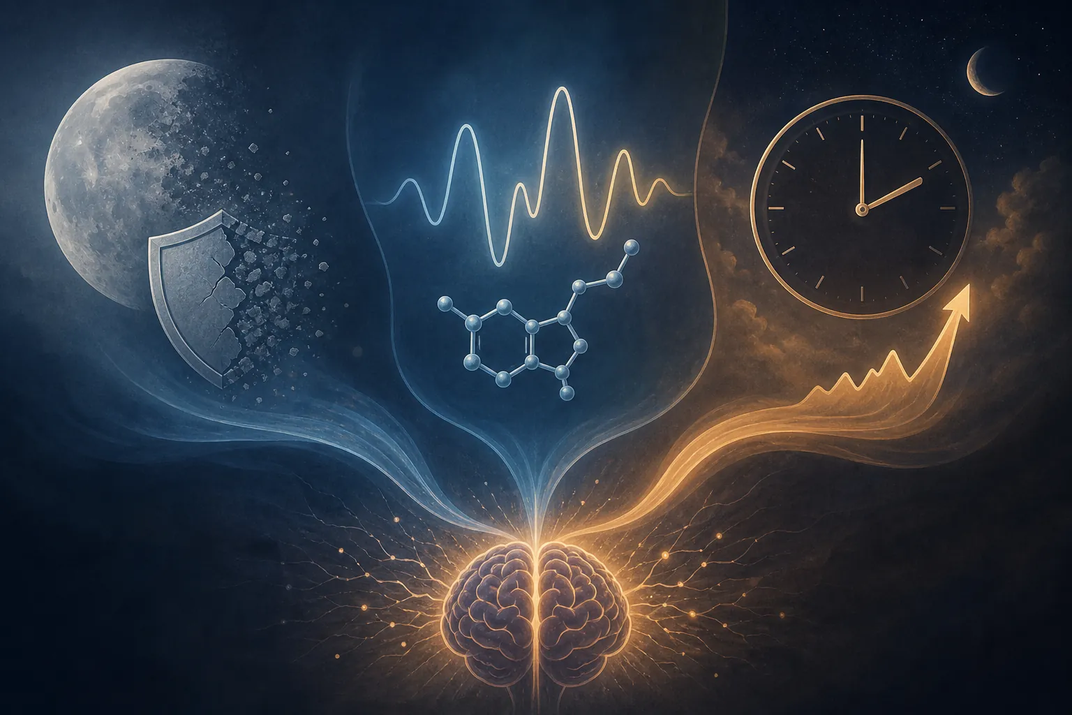 Abstract medical illustration of progesterone, estrogen, serotonin, cortisol, and a heightened-alert brain at night