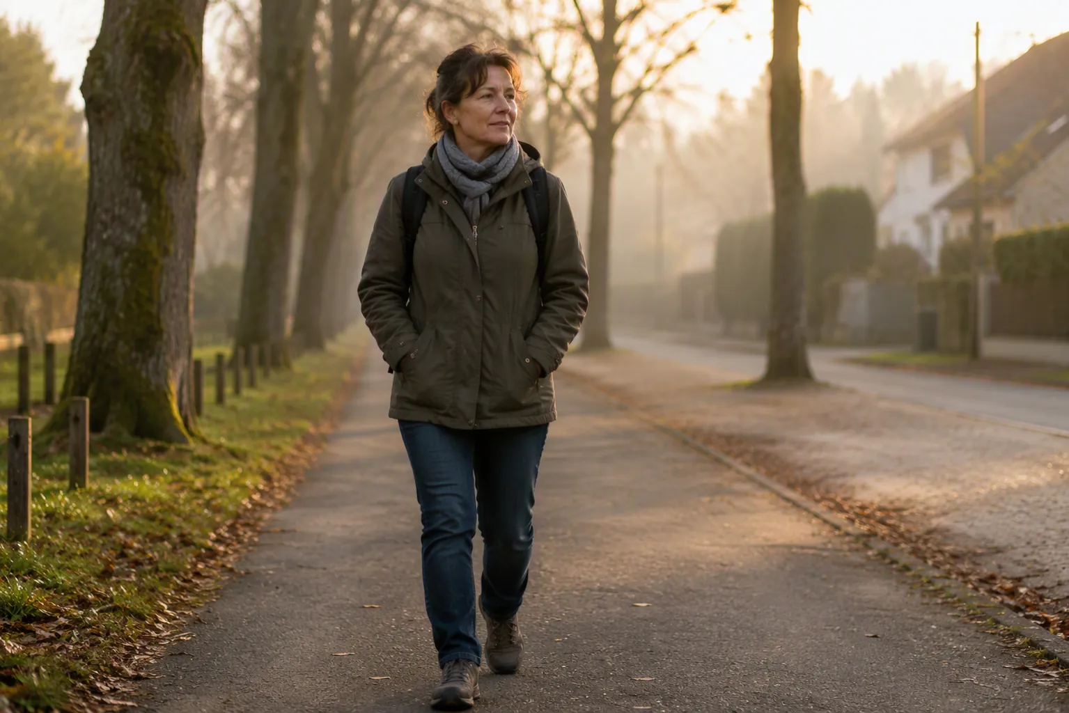A woman in her late 40s walks briskly along a quiet tree-lined path in soft early-morning light