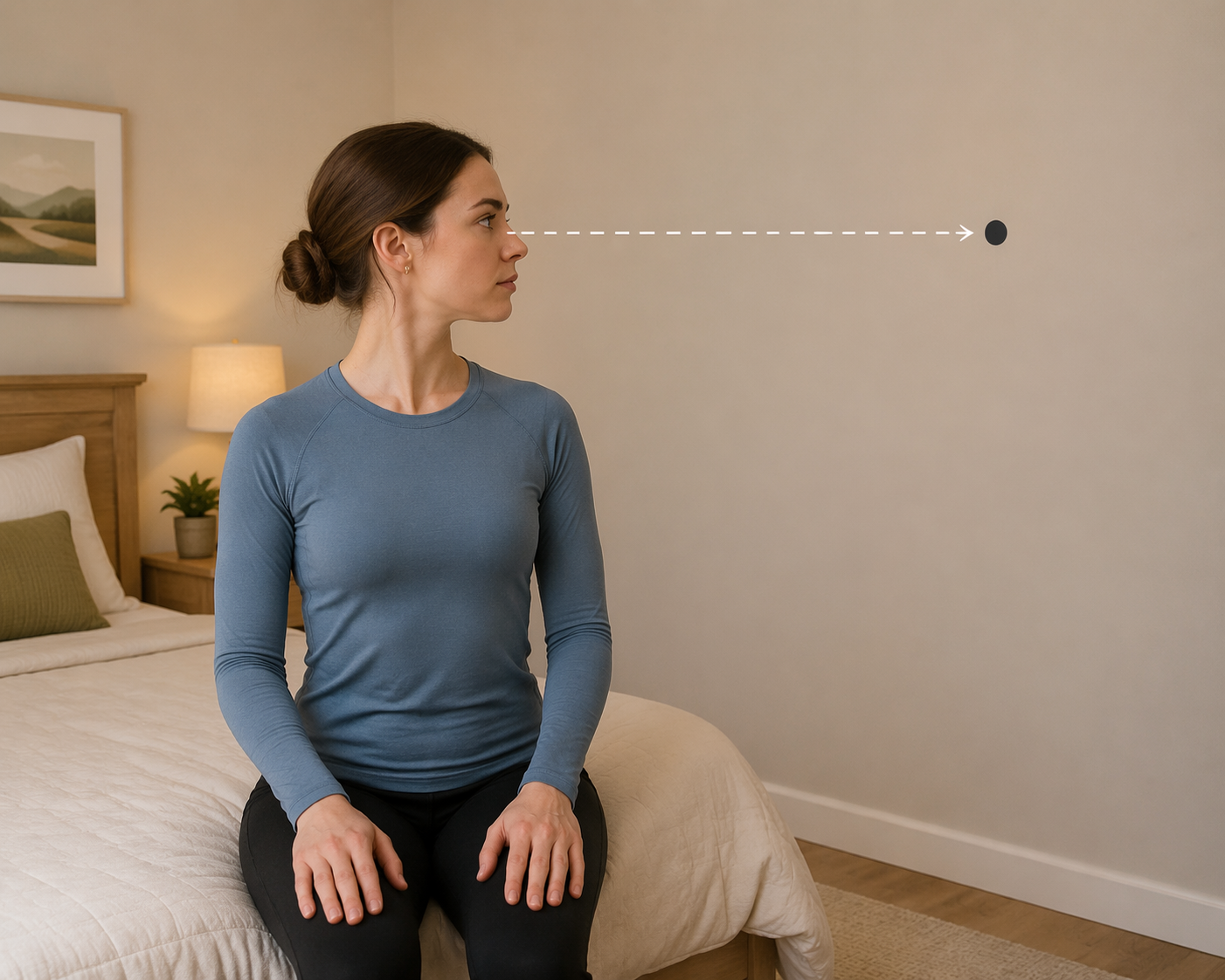 Person sitting on the edge of a bed doing a gaze stabilization exercise while keeping their eyes fixed on a wall object
