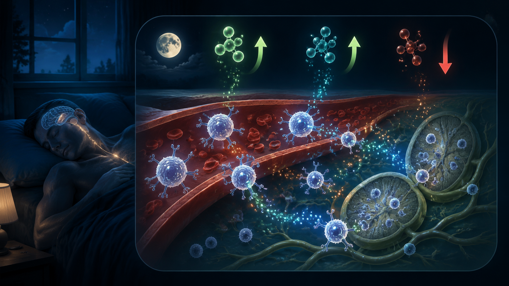 Sleeping person with immune cells, hormone arrows, and cytokine signals during slow-wave sleep