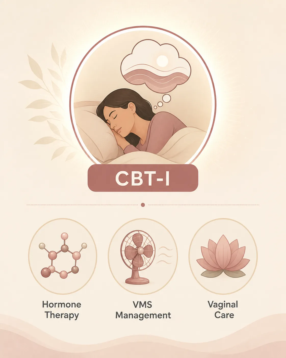 Treatment hierarchy illustration with CBT-I highlighted above hormone therapy, vasomotor symptom management, and vaginal care