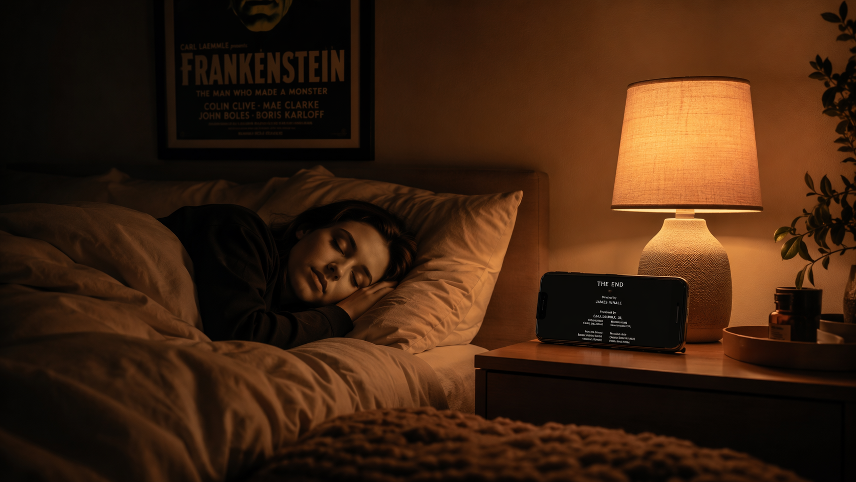 Peaceful bedroom at night with paused movie credits on a phone and warm lighting