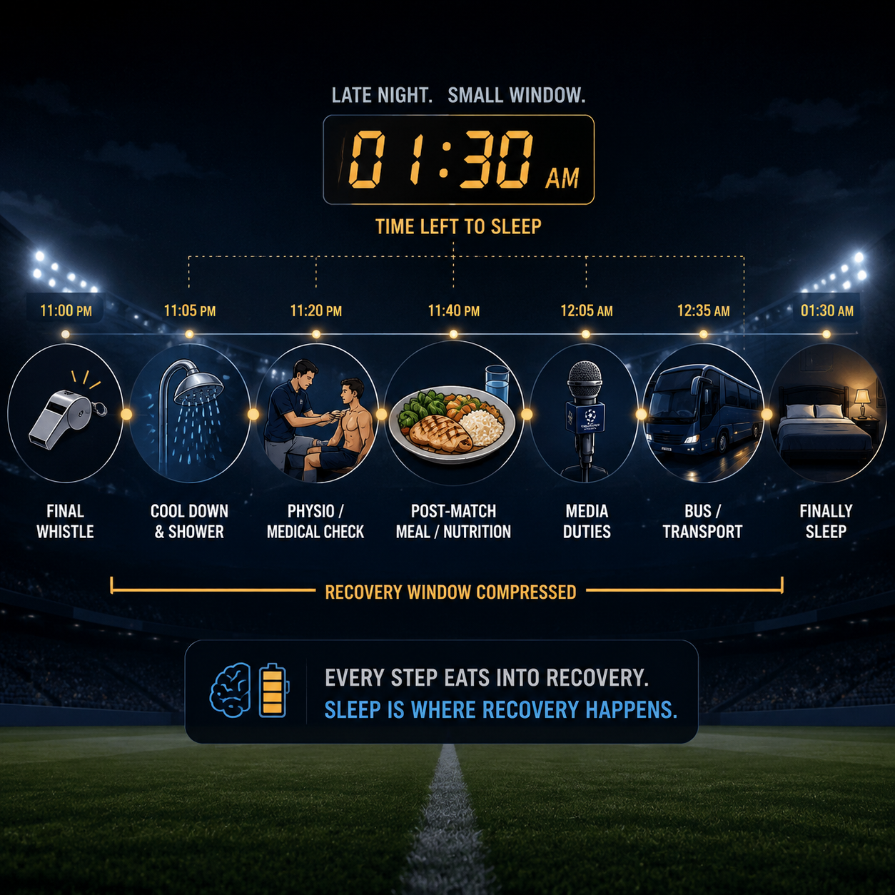 Compressed post-match recovery timeline from final whistle to sleep after medical checks, nutrition, media, and transport