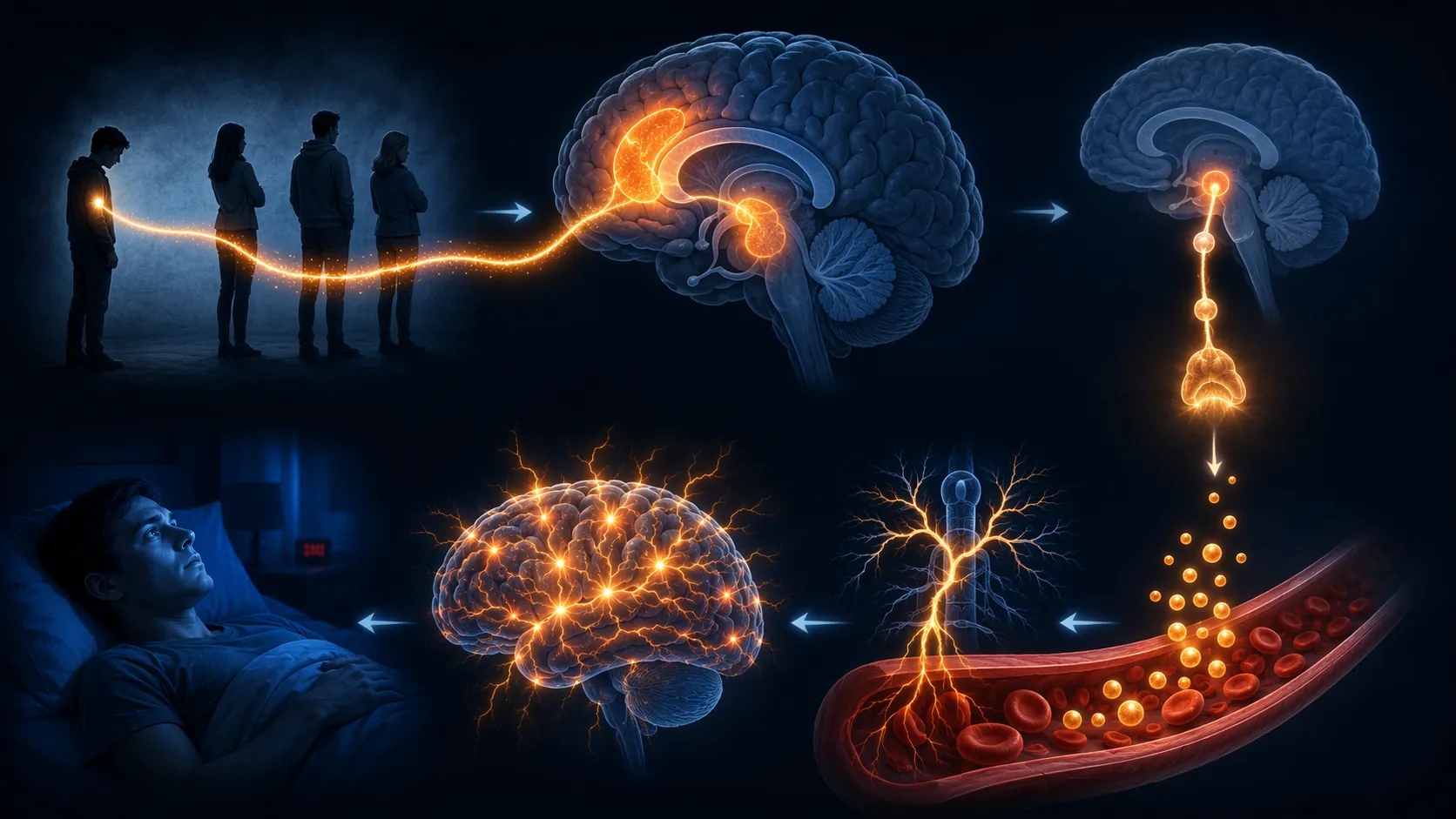 A step-by-step illustration of social exclusion activating brain pain regions, the HPA axis, cortisol, sympathetic nerves, and wakefulness in bed