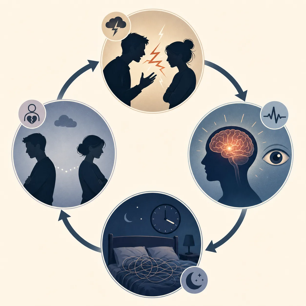 Circular diagram of relationship stress, hyperarousal, poor sleep, and impaired emotional regulation feeding into each other