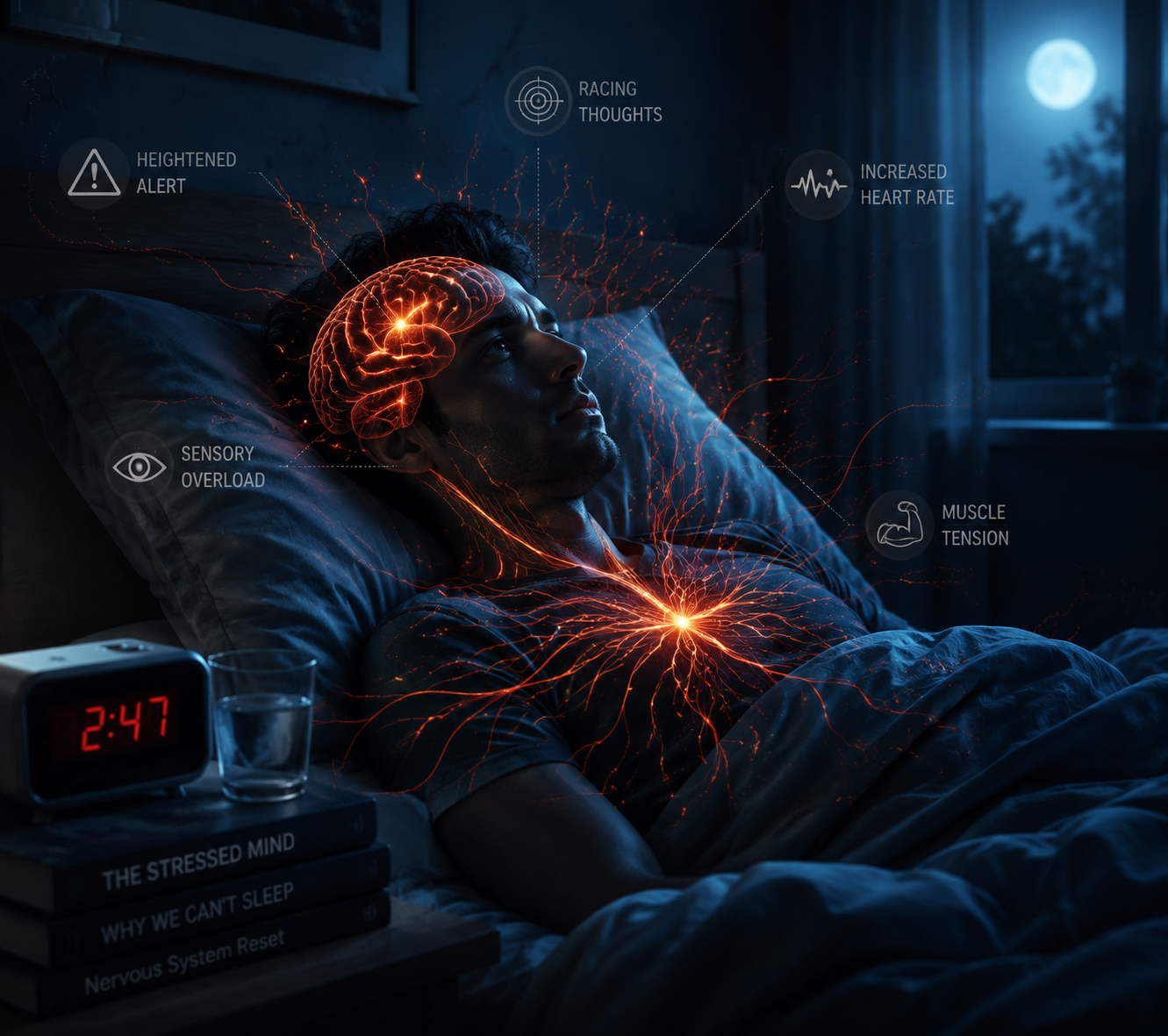 Restless sleeper with alert-like energy lines and a hypervigilant brain in a dark bedroom