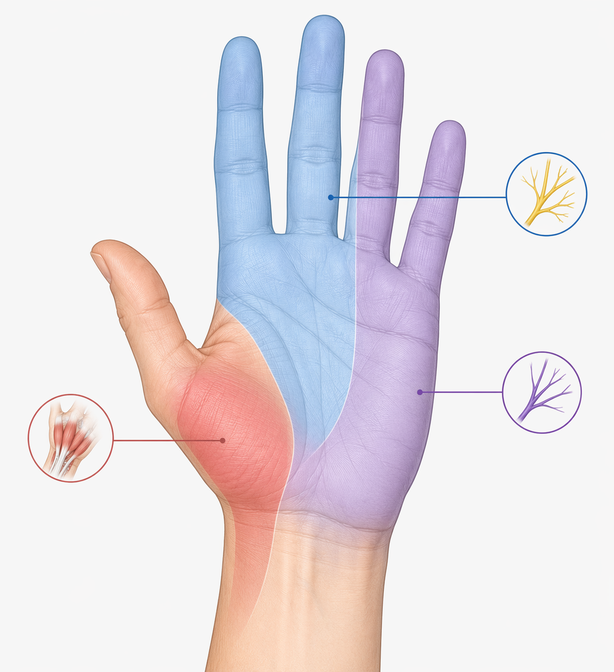 Illustration of hand pain zones showing thumb-base tendon strain, median nerve symptoms, and ulnar nerve symptoms