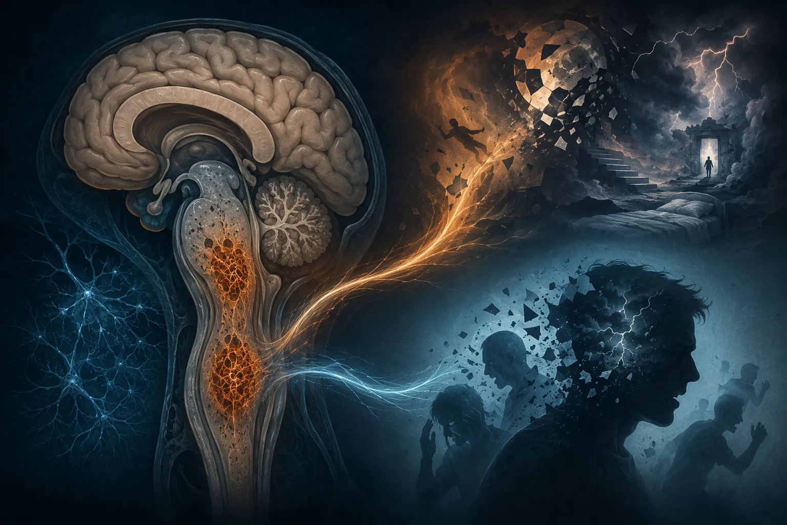 Stylized brainstem showing tau tangles near the raphe nuclei and locus coeruleus with pathways toward REM sleep disruption and mood dysregulation