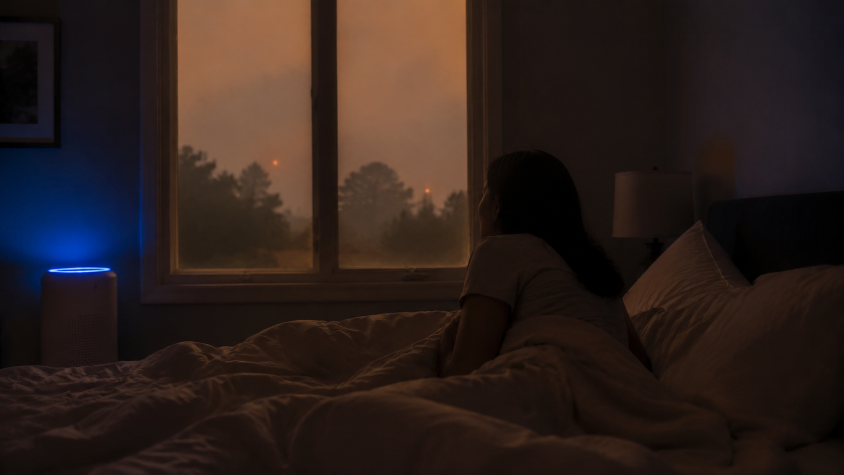 A person awake in a dim bedroom during wildfire smoke, with a closed window and air purifier nearby
