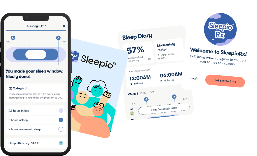A smartphone screen showing the Sleepio digital CBT-I app interface with a sleep tracking dashboard and weekly sleep graph.