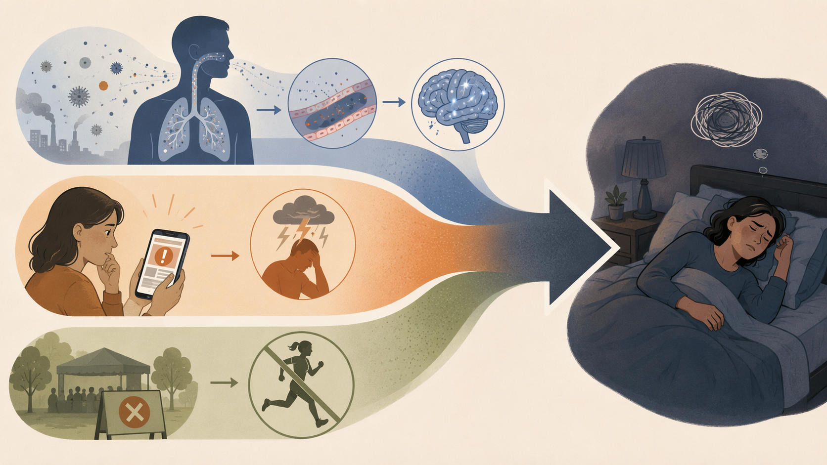 Diagram of particles, stress alerts, and cancelled routines converging on a restless sleeper