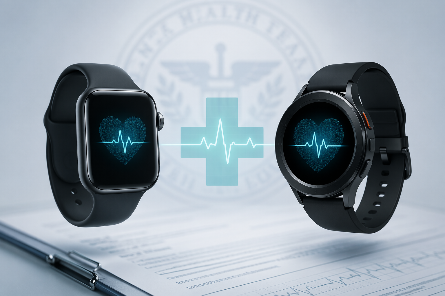 Apple-style and Samsung-style smartwatches shown over a medical document background with an FDA seal motif