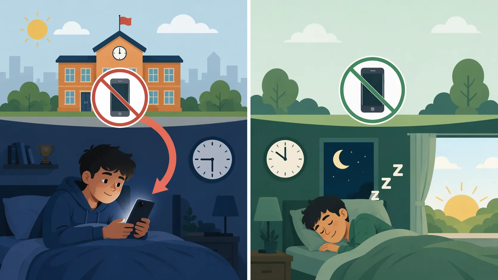 Comparison of school-only phone restriction shifting use to night versus total phone removal improving sleep