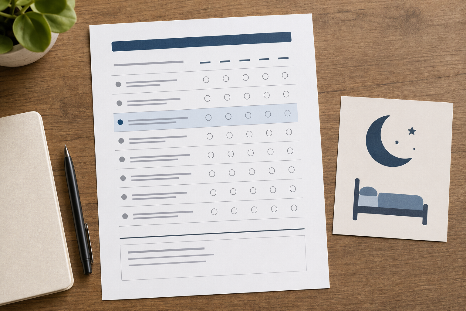 A printed questionnaire with a highlighted sleep disturbance item next to a moon and bed illustration