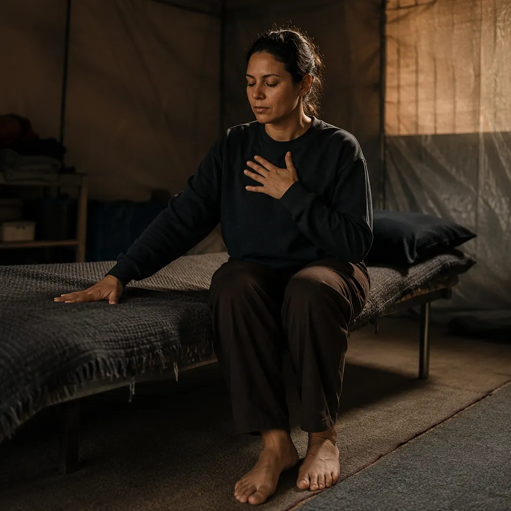 A person sitting on a cot in a dim shelter practicing grounding with feet on the floor and a hand on a blanket