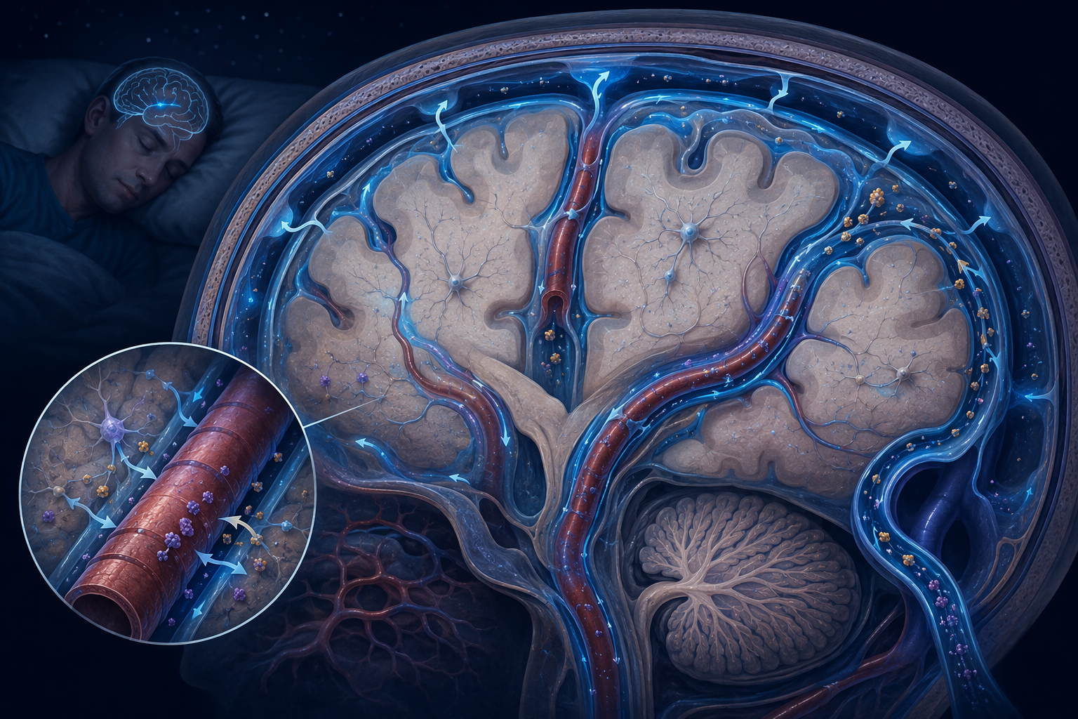 Illustration of cerebrospinal fluid flowing along perivascular spaces in the brain during sleep