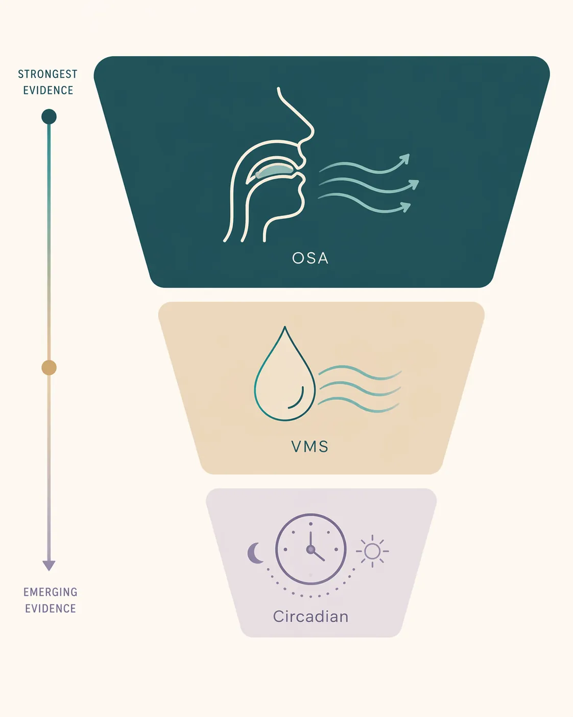 Three evidence tiers for sleep pathways: OSA, VMS, and circadian rhythm