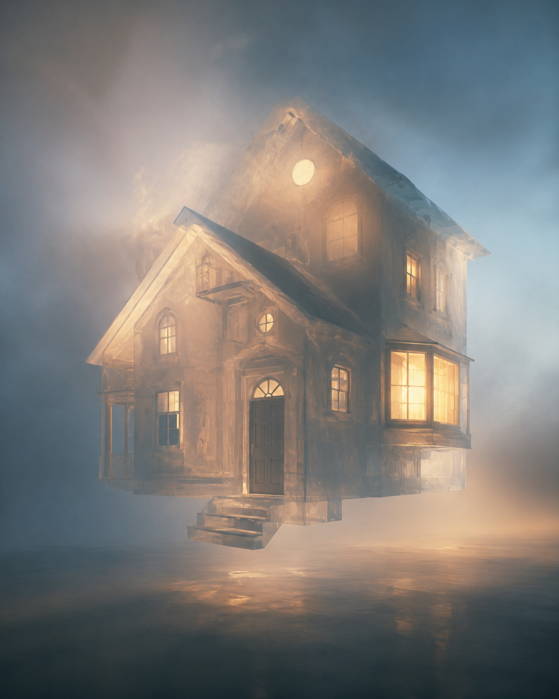 Dreamlike translucent house with warm and cool light dissolving into mist